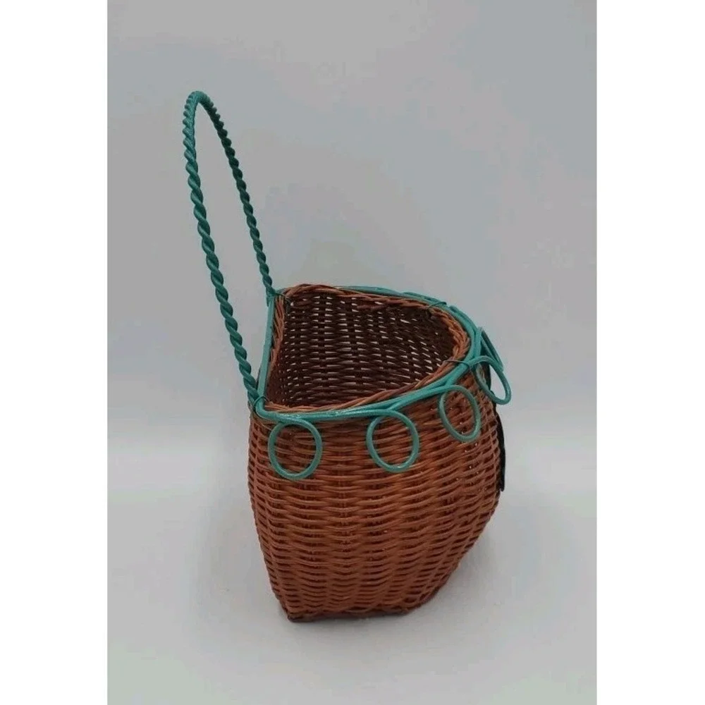 Decorative Hanging Wicker Basket with Green Metal Wire Cottagecore